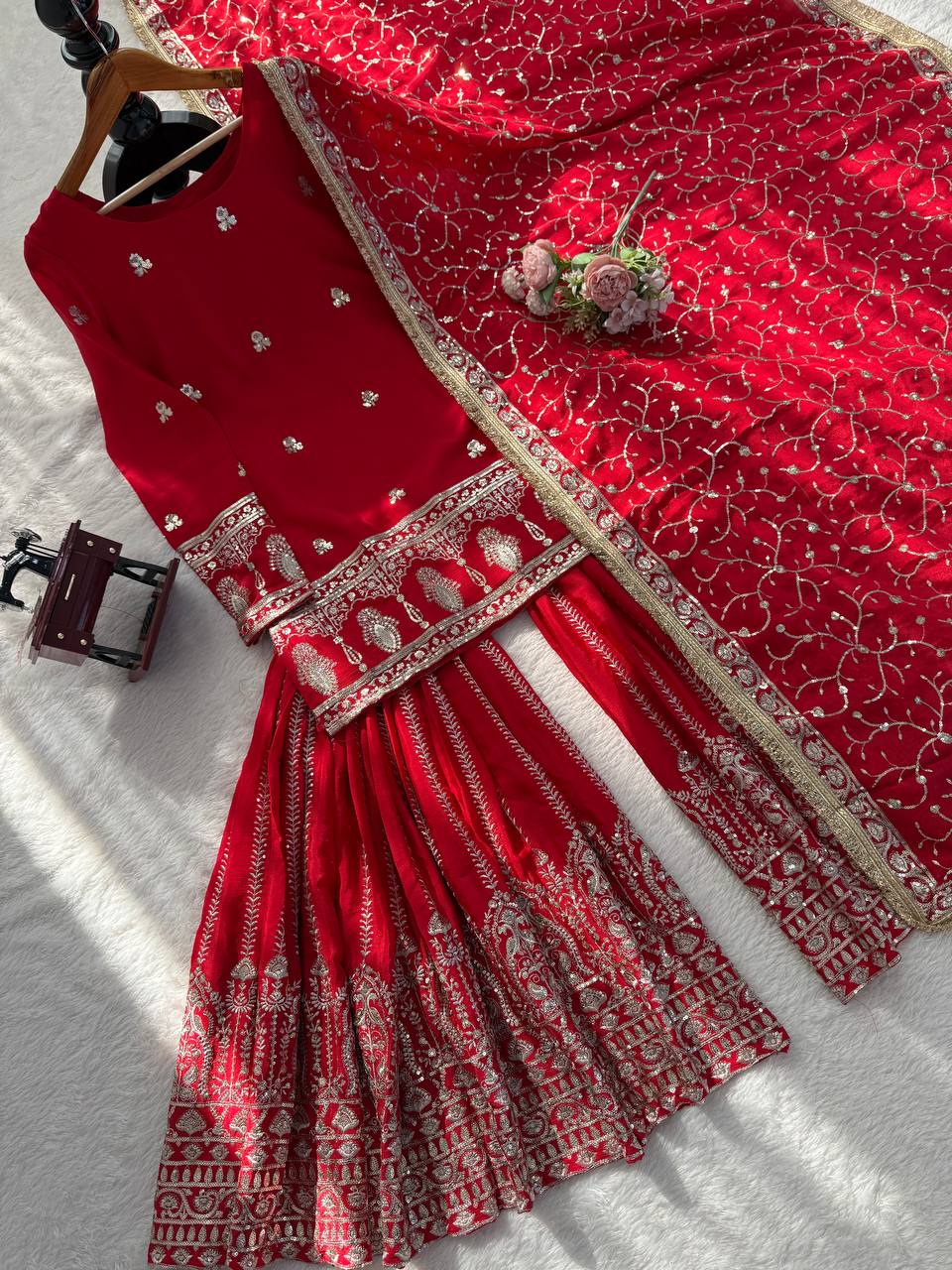 Red Sharara Suit With Gold Embroidery And Matching Dupatta 🎀