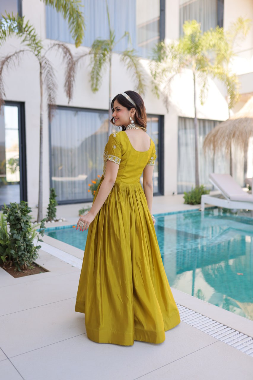 Mehendi Green Silk Anarkali Gown With Heavy Zari Embroidered