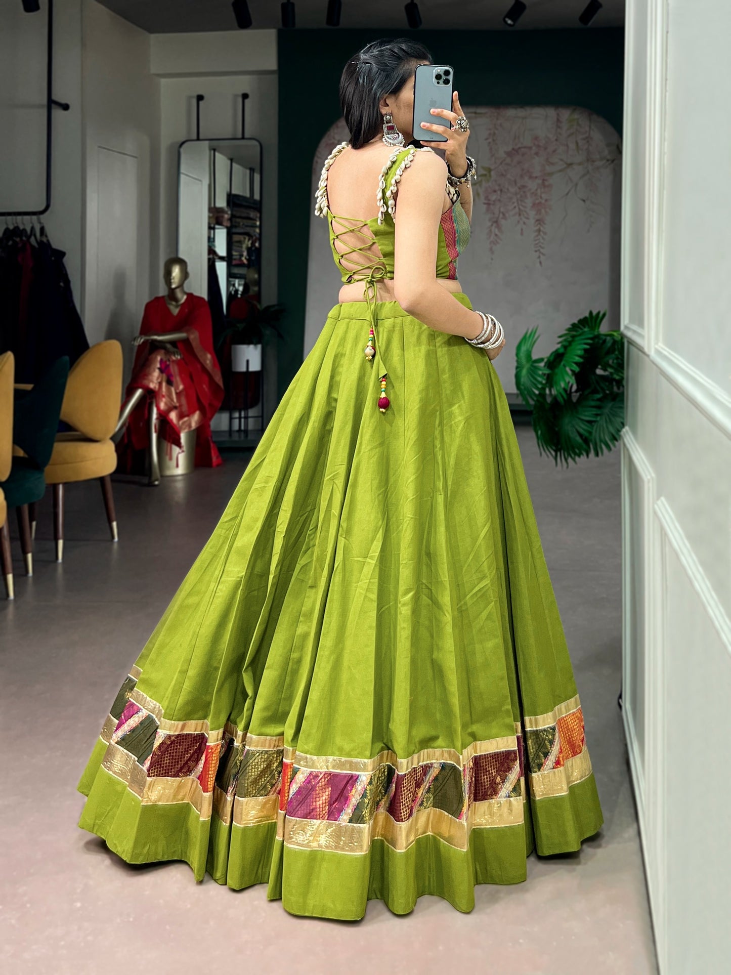 5 Meter Flair Parrot Green Lehenga Choli With Patchwork Border