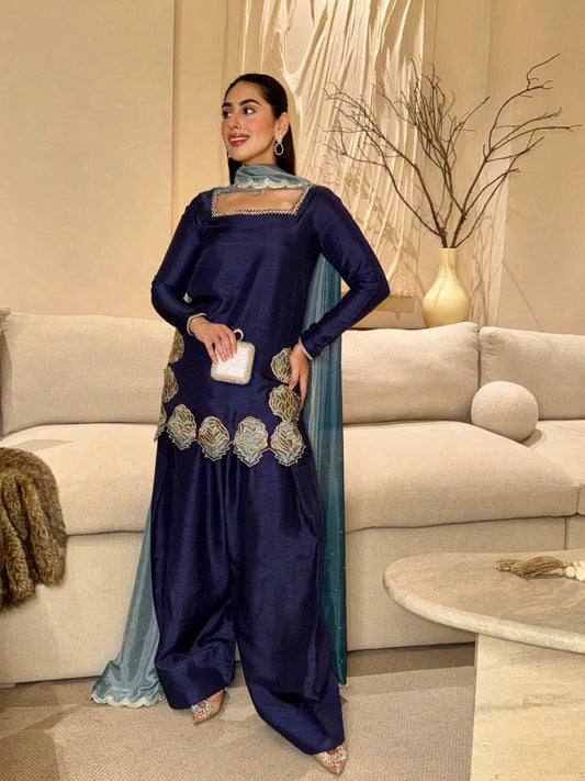 Navy Blue Farshi Suit With Sequnce Work And Shaded Dupatta