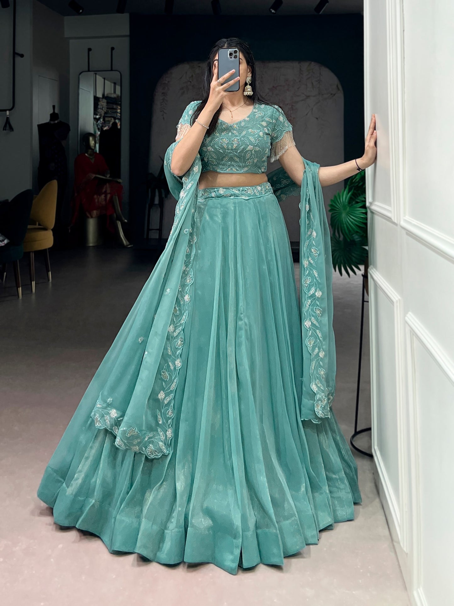 Pastel Blue Lehenga Choli With Intricate Embroidery And Dupatta