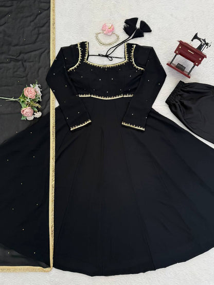 Black Georgette Anarkali Suit Work And Golden Lace Dupatta