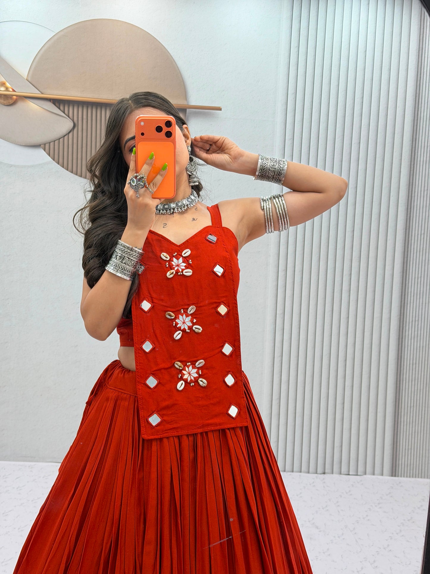 6 Meter Flair Orange Plain Lehenga Choli With Mirror Work Jacket