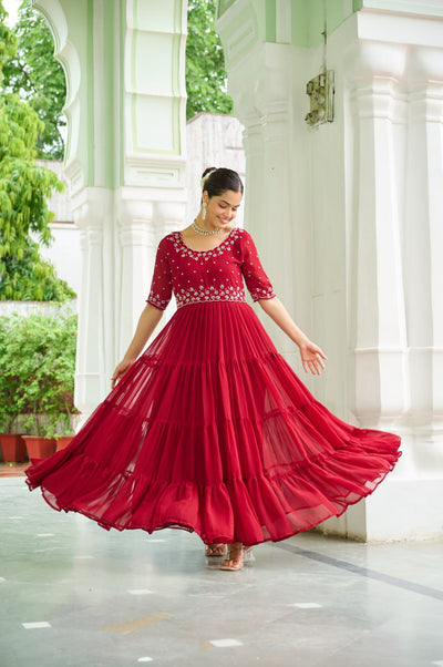 Embroidered Georgette Anarkali Gown Set With Sequins Work And Tiered Flair