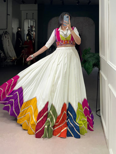 White Multicolor Panel Lehenga Choli With Embroidered Contrast Blouse