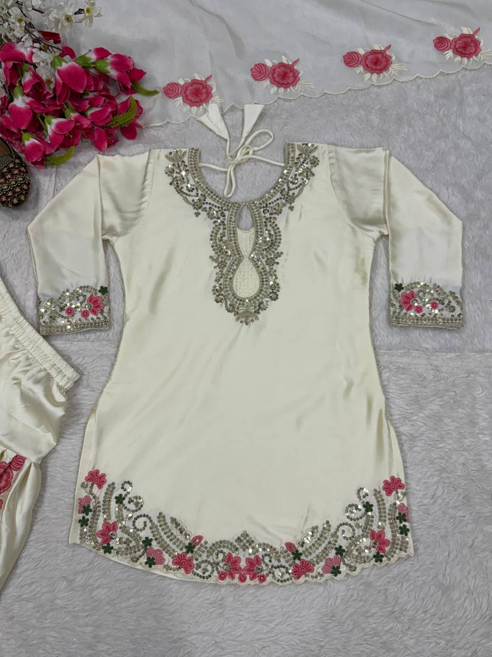 White Silk Floral Embroidery Sharara Suit With Silver Zari Work And Dupatta