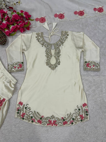 White Silk Floral Embroidery Sharara Suit With Silver Zari Work And Dupatta