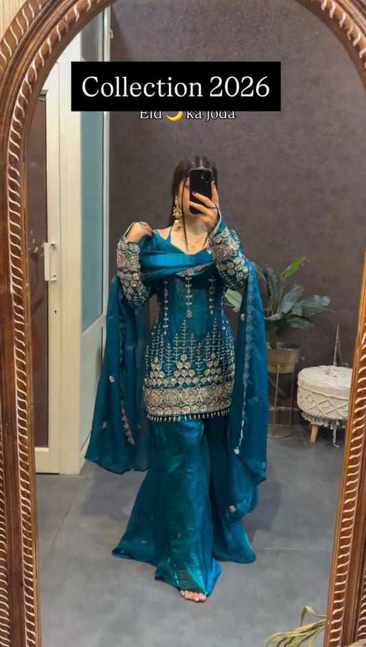 Teal Blue Heavy Embroidered Sharara Suit Set With Zari And Sequin Work Dupatta