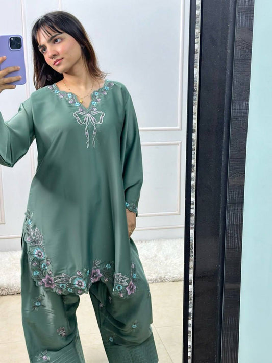 Teal Green Floral Embroidered Farshi Salwar With Bow Detail And Dupatta