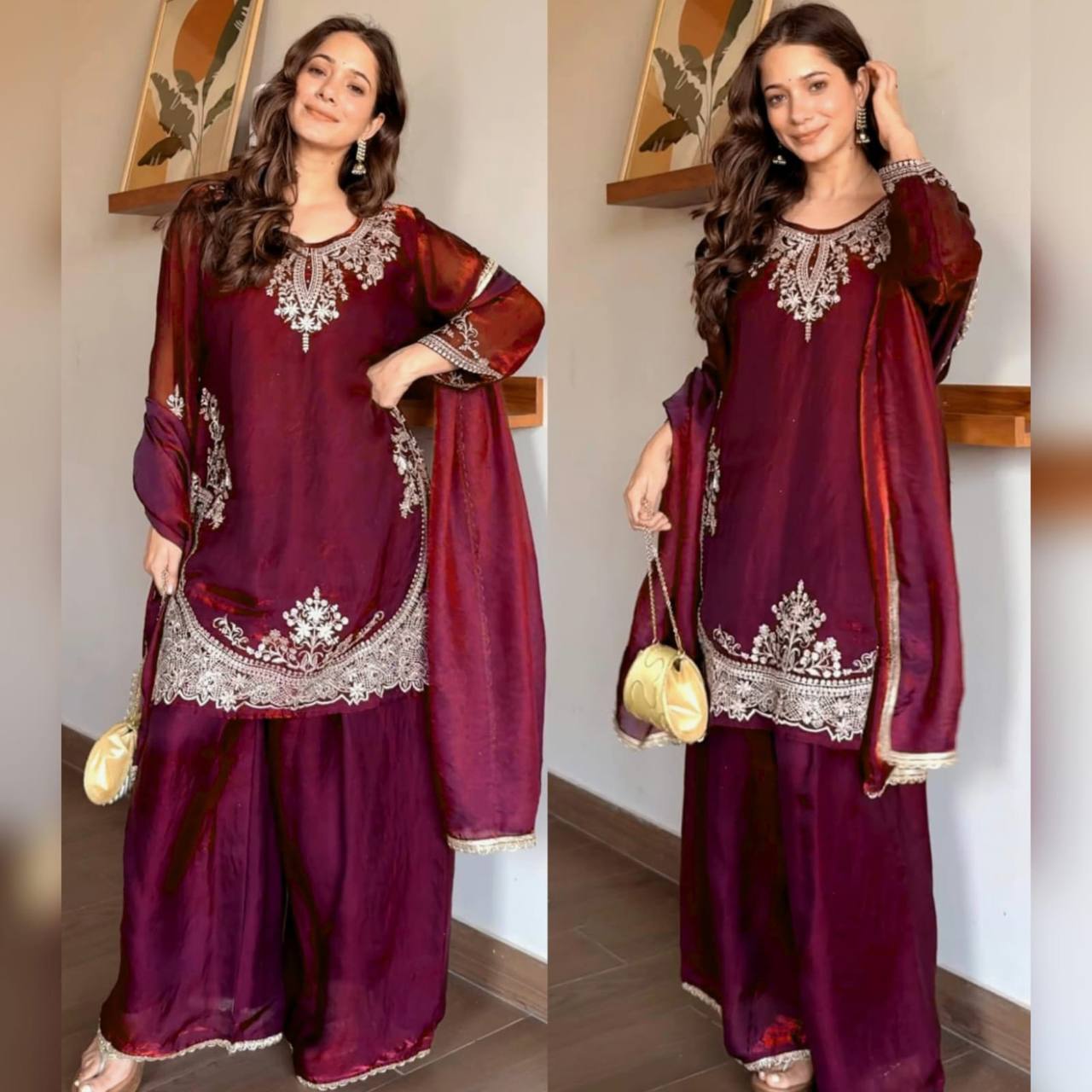 Wine Palazzo Suit With Silver Embroidery