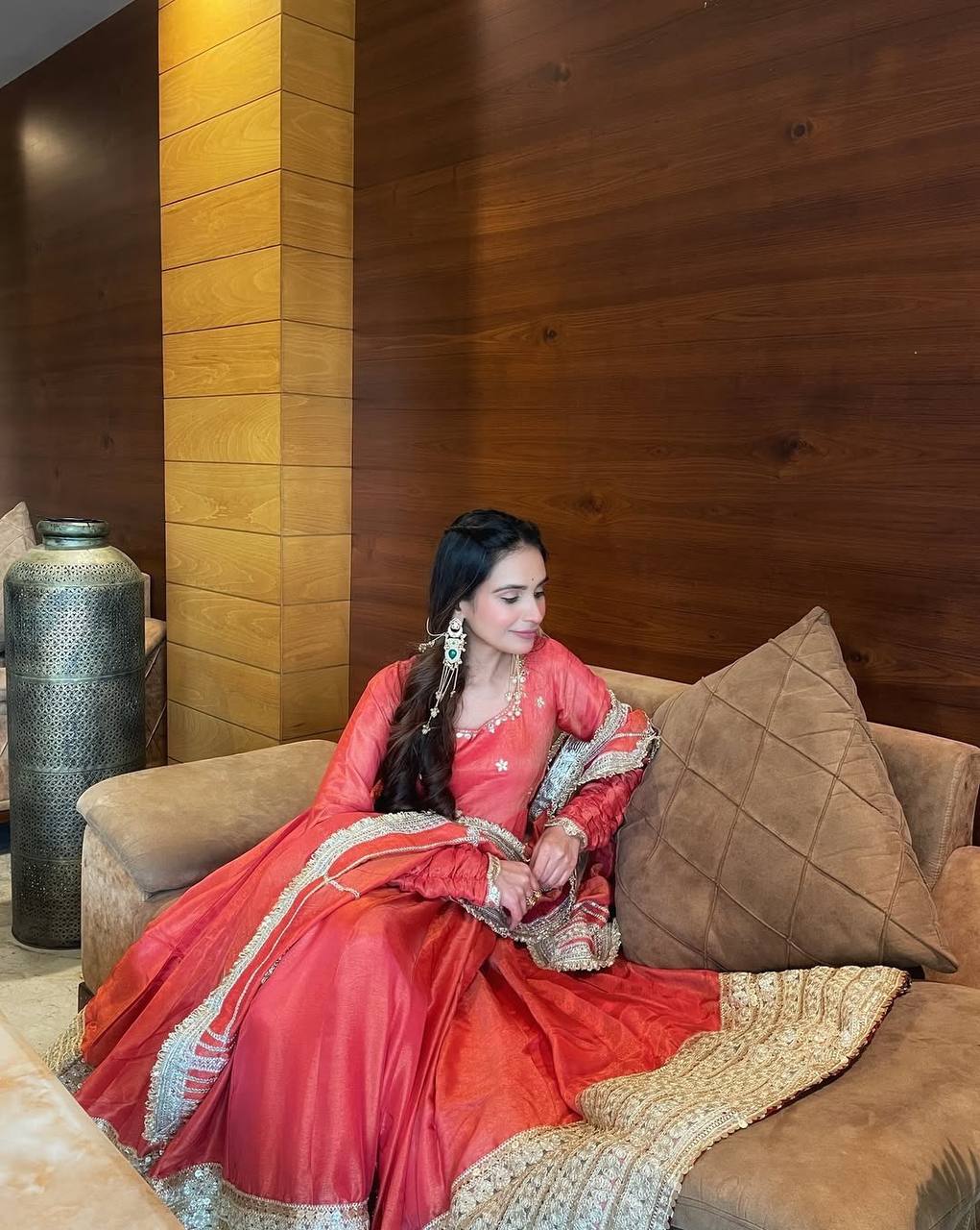 Red Silk Anarkali Suit With Gold Embroidery And Matching Dupatta
