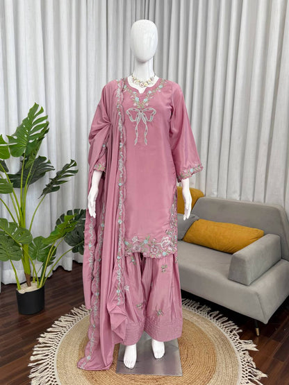 Pink Floral Embroidered Farshi Salwar Suit With Bow Detail And Dupatta