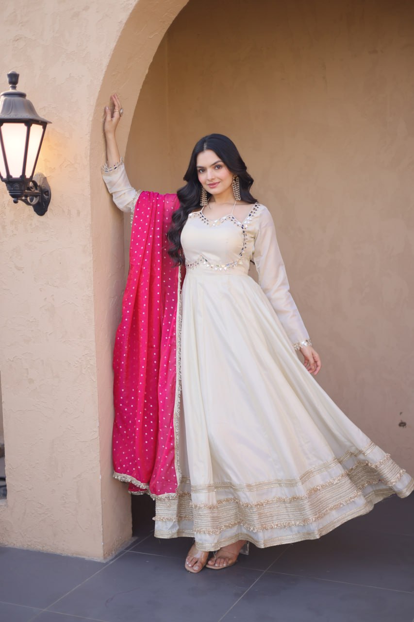 Real Mirror Work Anarkali Gown With Rani Pink Dupatta
