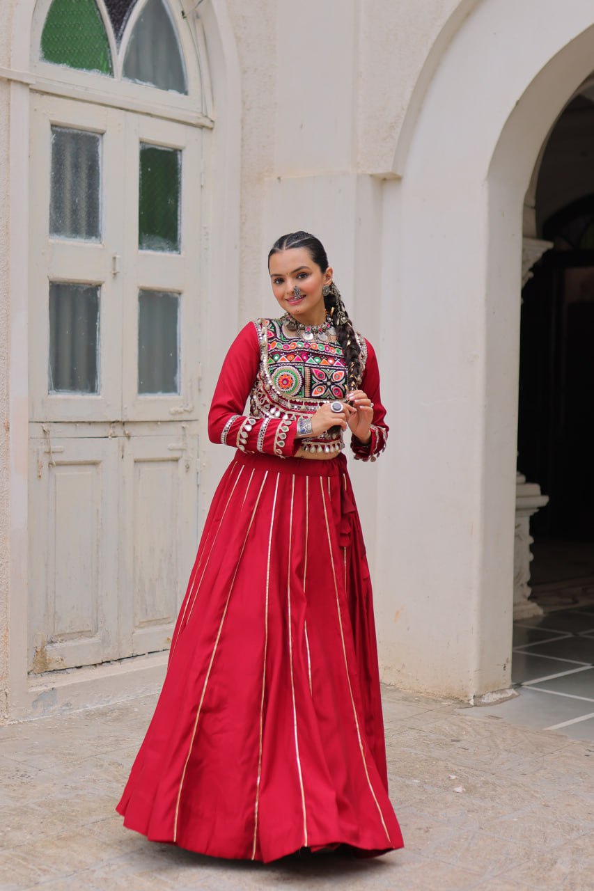 Designer Lehenga With Kutchi Gamthi Embroidered Blouse And Mirror Work