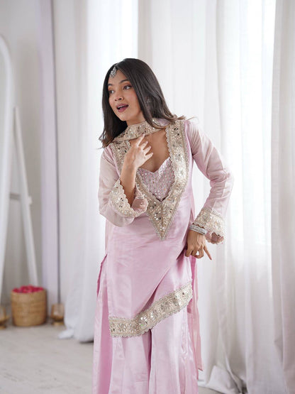 Baby Pink Mirror Work V-Neck Kurta Palazzo Set With Dupatta