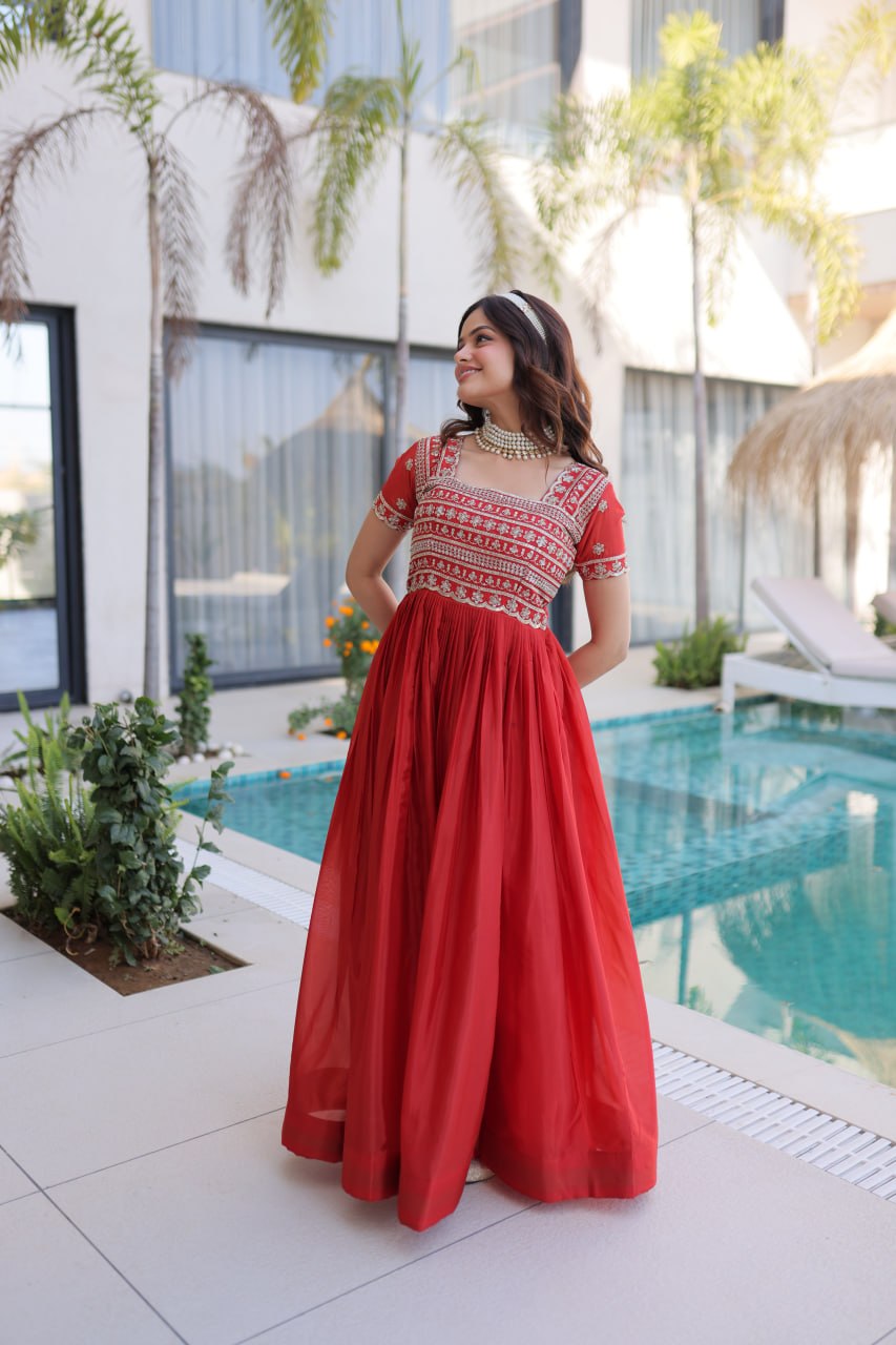 Red Silk Anarkali Gown With Heavy Zari Embroidered