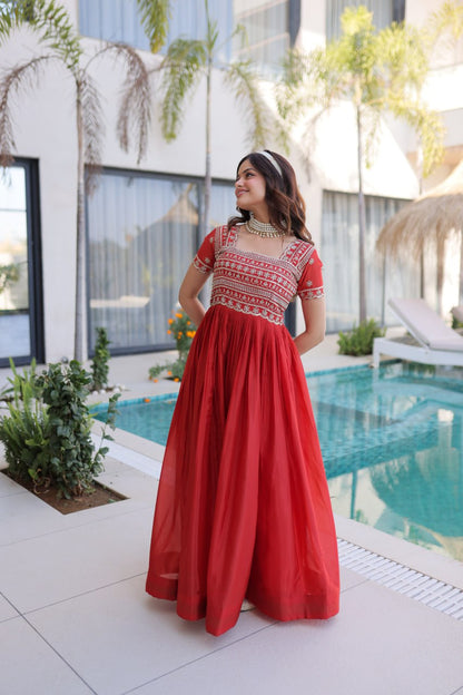 Red Silk Anarkali Gown With Heavy Zari Embroidered