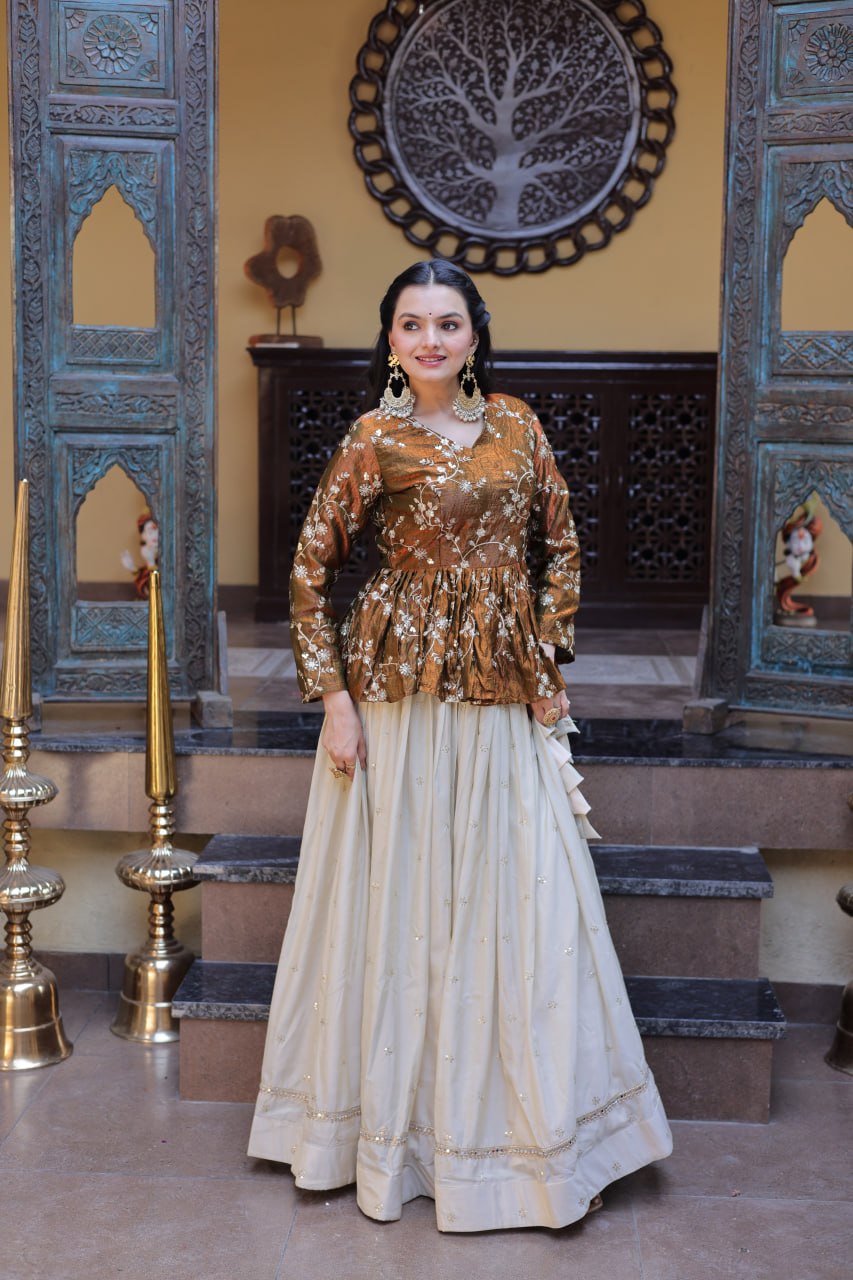 Rust Gold Floral Embroidered Peplum Top With Off-White Lehenga Skirt Set