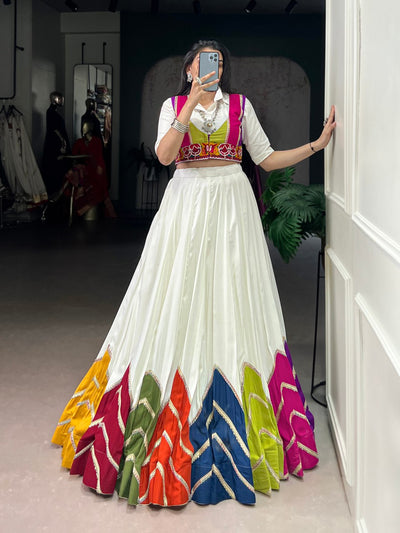 White Multicolor Panel Lehenga Choli With Embroidered Contrast Blouse