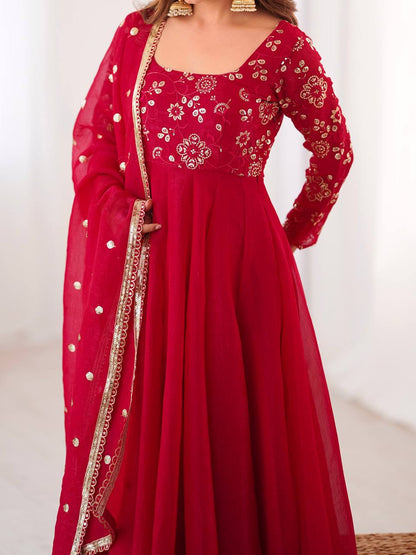 Cherry Red Sequins Embroidered Anarkali Suit Set With Dupatta