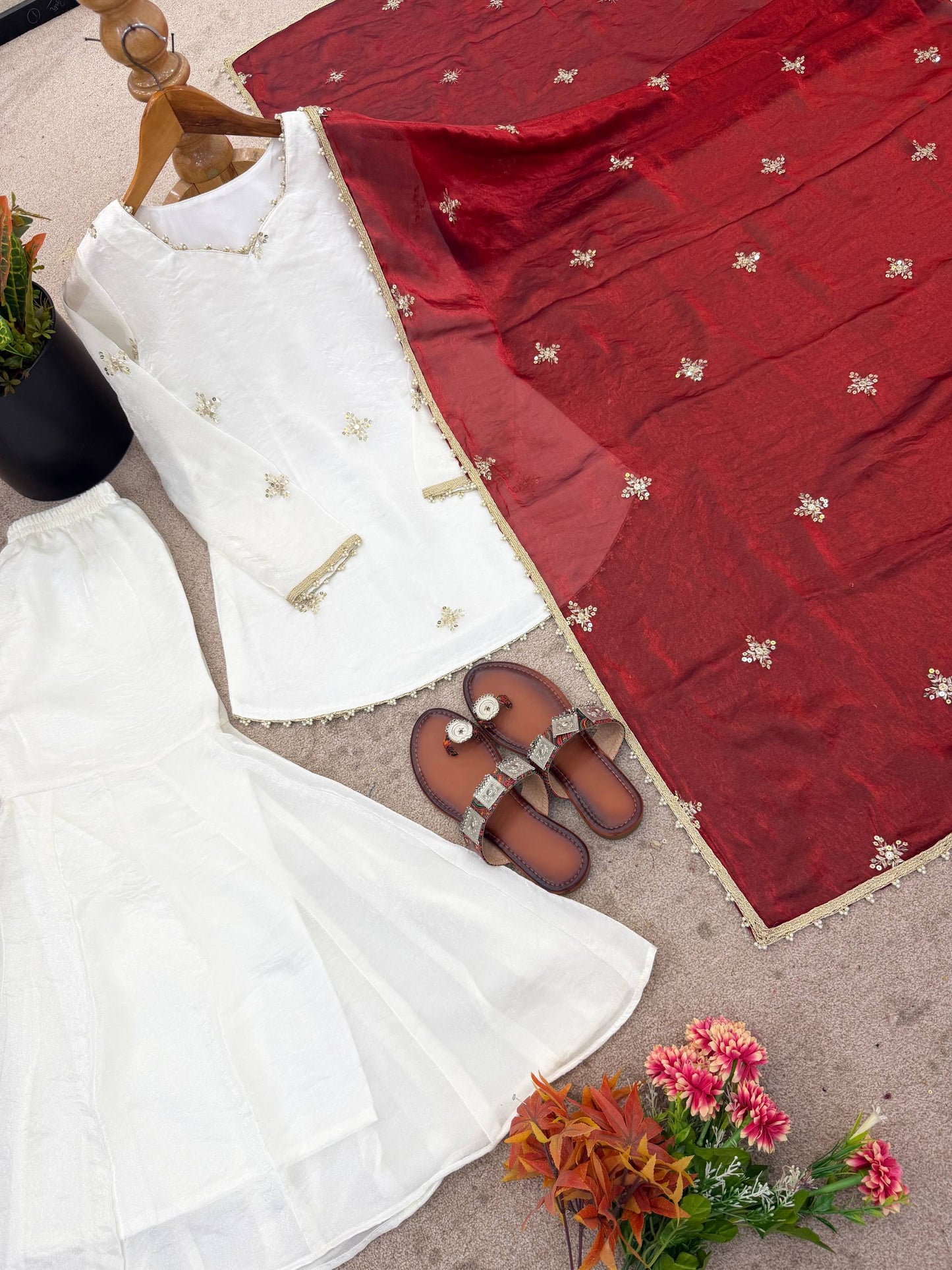 Embroidered Sharara Set with Contrast Sequin Maroon Dupatta