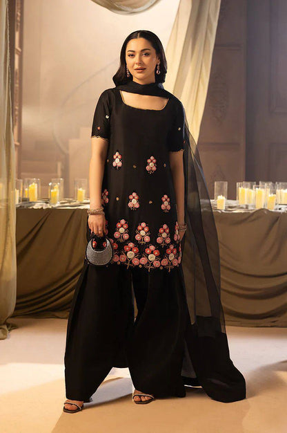 Black Embroidered Salwaar Suit With Floral Work And Net Dupatta