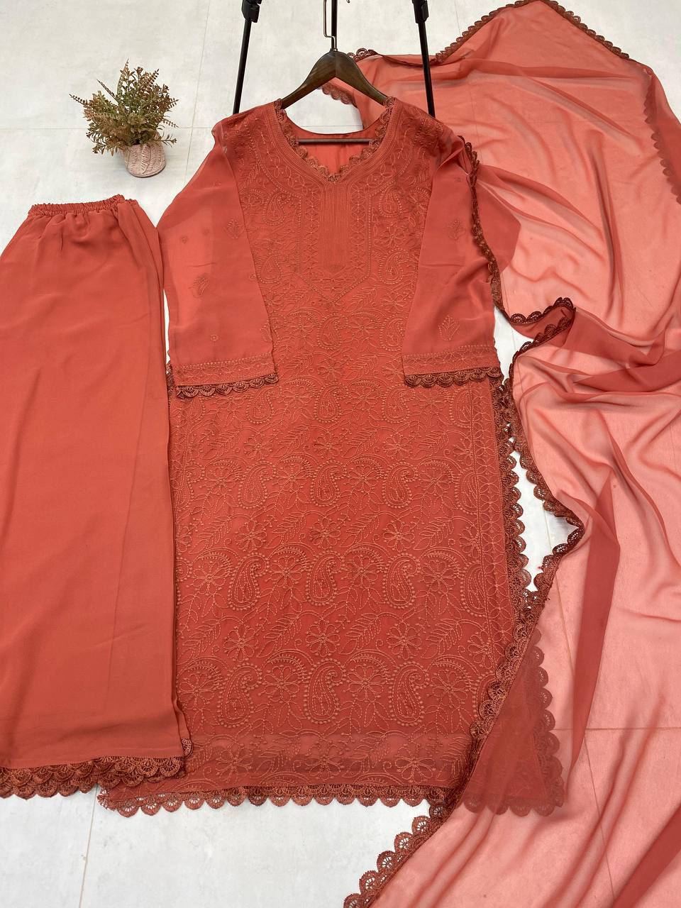 Orange Chikankari Kurti With Lace Detail And Full Length Ethnic Wear