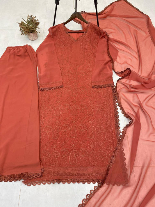 Orange Chikankari Kurti With Lace Detail And Full Length Ethnic Wear