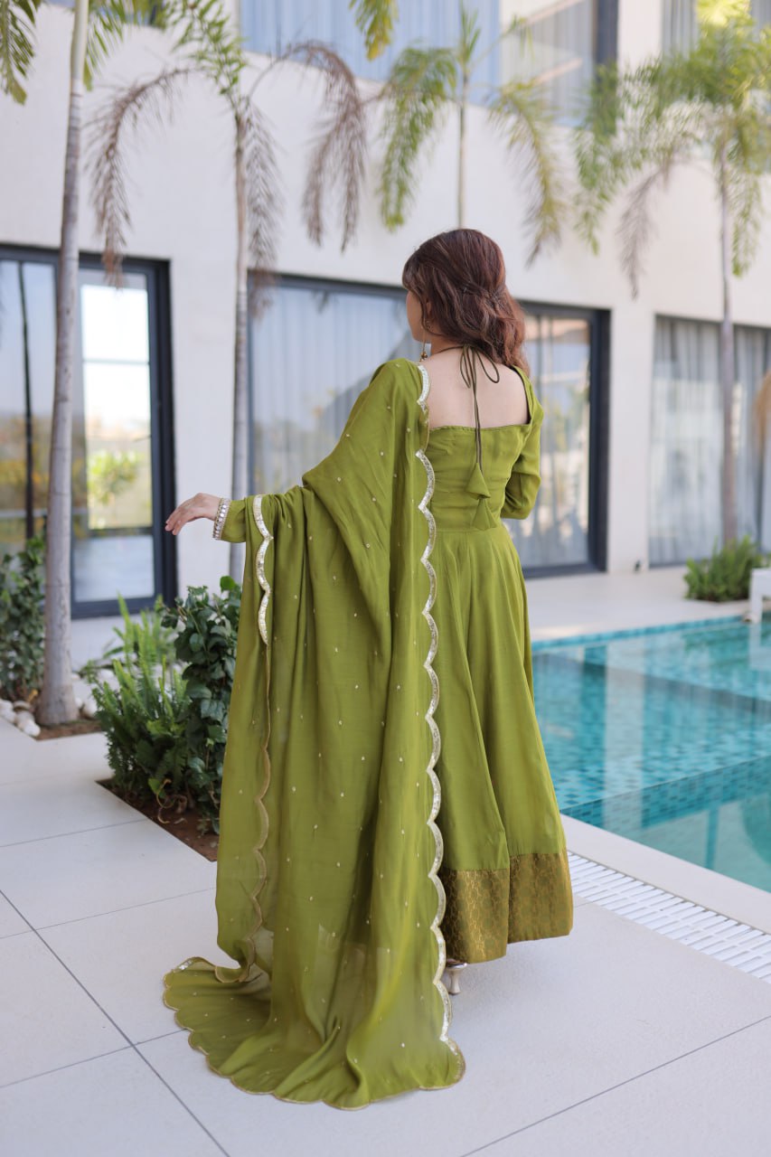 Olive Green Anarkali Suit With Mirror Work And Dupatta