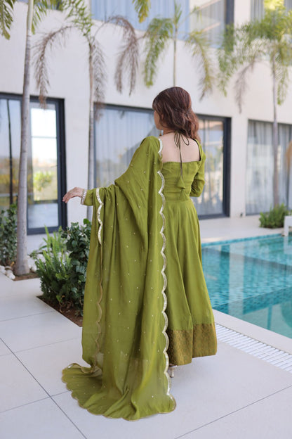 Olive Green Anarkali Suit With Mirror Work And Dupatta