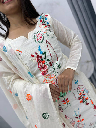Floral Embroidery White Salwar Suit With Dotted Dupatta