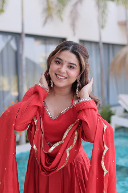 Stunning Red Anarkali Suit With Silver Lace And Orange Contrast Panel