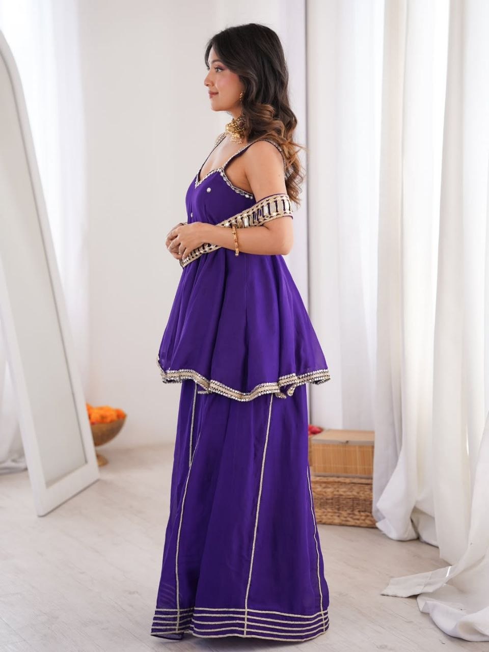 Royal Purple Plazo Set With Real Mirror Work