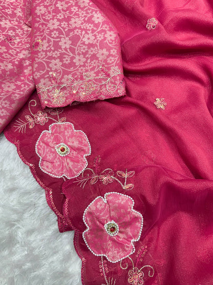 Designer Floral Border Saree With Brocade Un-Stitched Blouse
