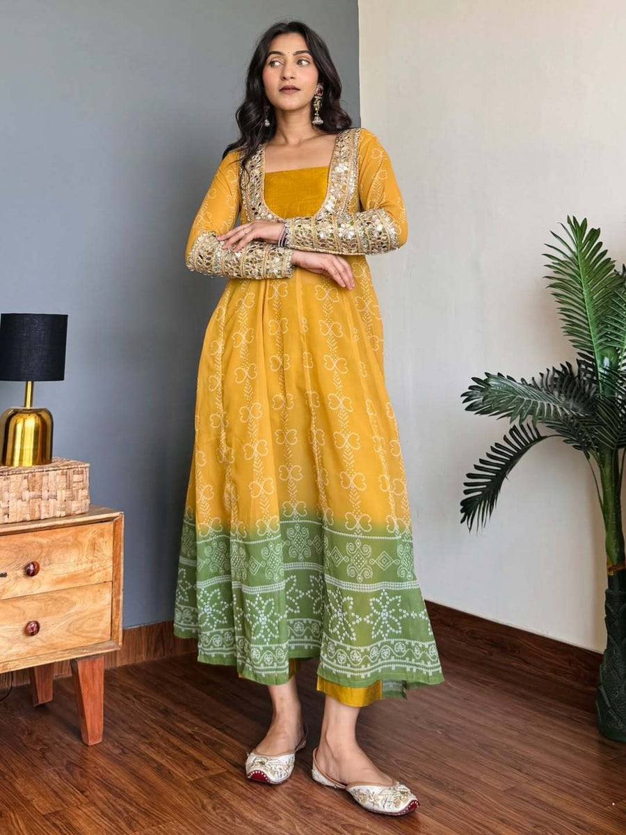 Yellow Anarkali Suit With Mirror Work And Green Bandhani Print