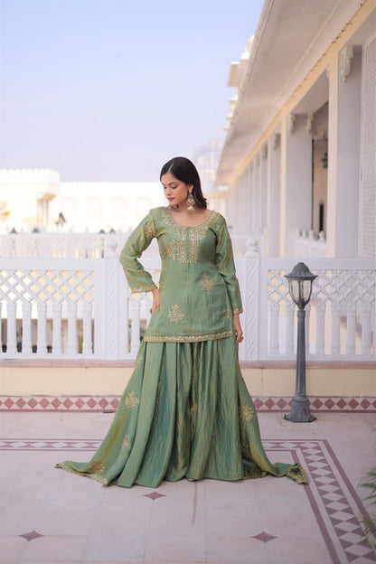Embroidered Kurta Sharara Set with Zari Work And Dupatta