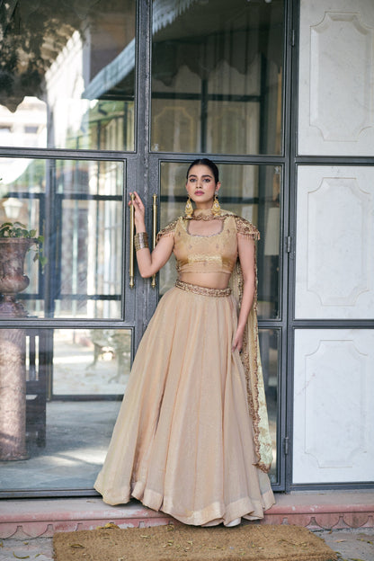 Designer Fendy Silk Lehenga Set With Zari Scallop Border And Attached Drape Dupatta