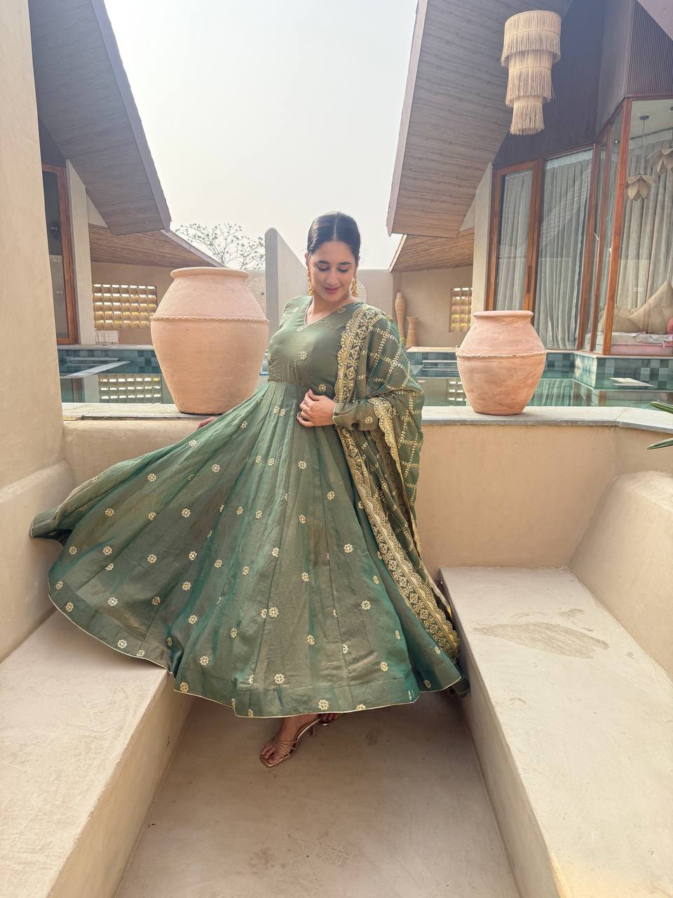 Green Anarkali Suit With Gold Embroidery And Matching Dupatta | Ethnic Festive Outfit