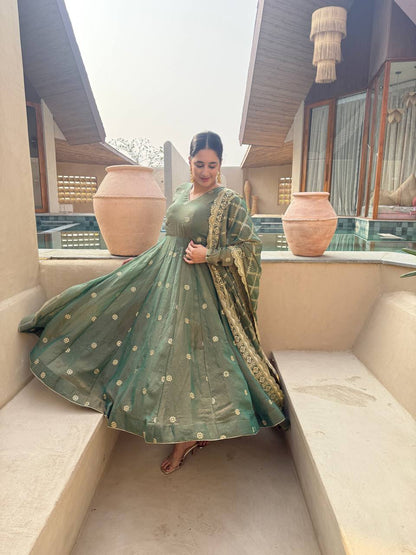 Green Anarkali Suit With Gold Embroidery And Matching Dupatta | Ethnic Festive Outfit