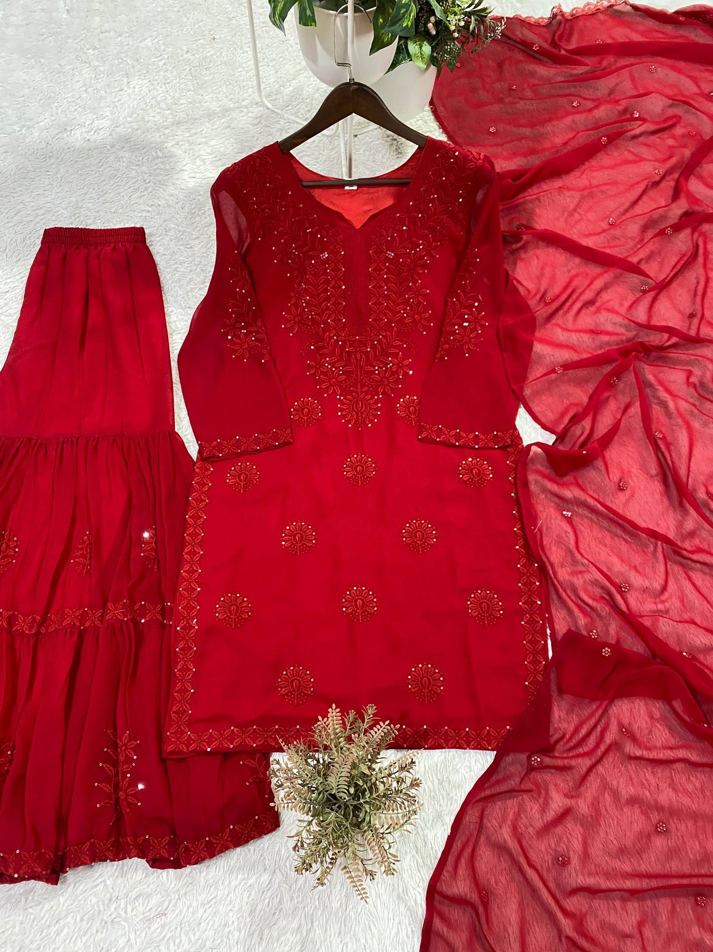 Red Sharara Suit With Embroidery Work And Dupatta