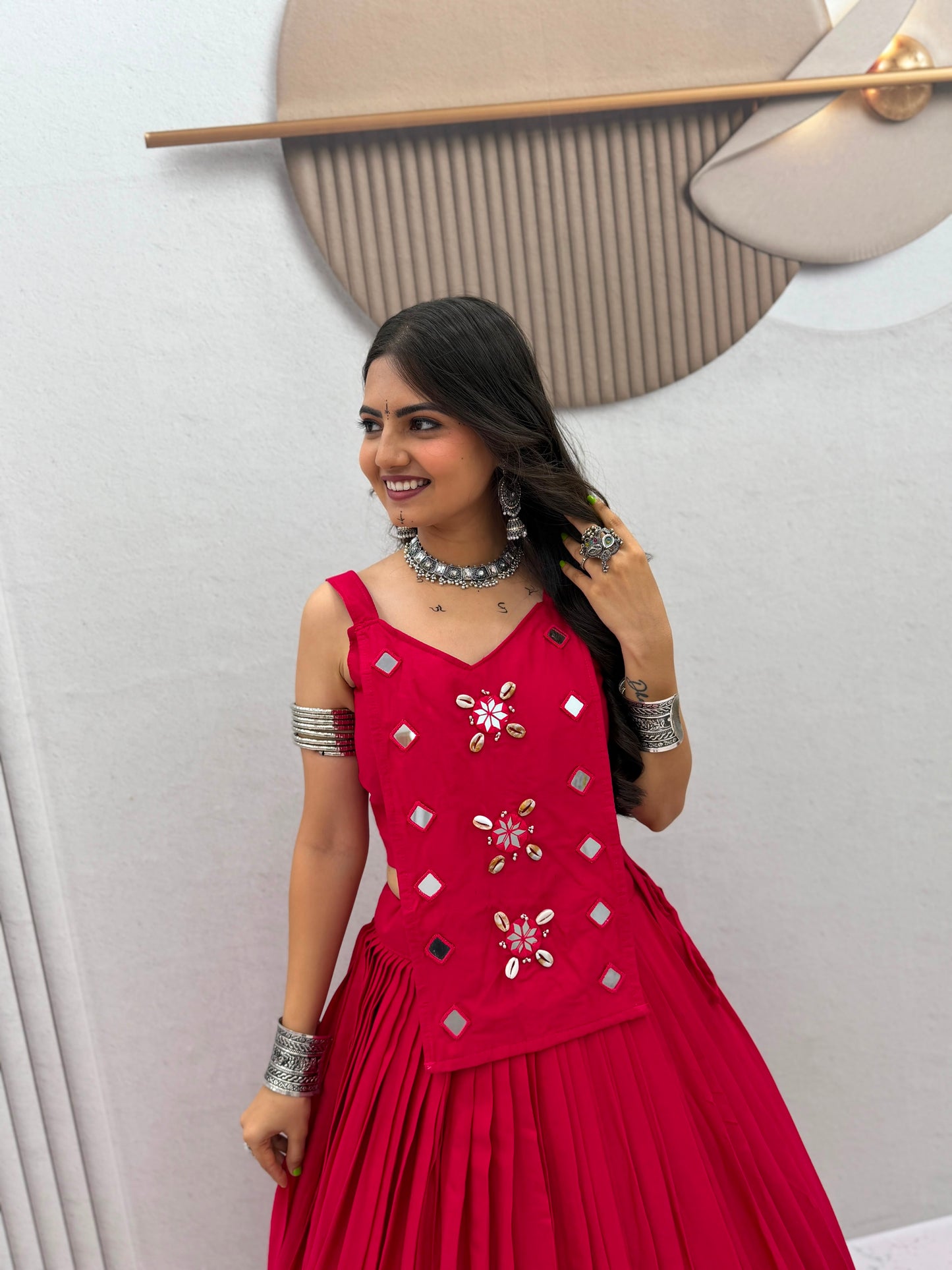 6 Meter Flair Rani Pink Plain Lehenga Choli With Mirror Work Jacket