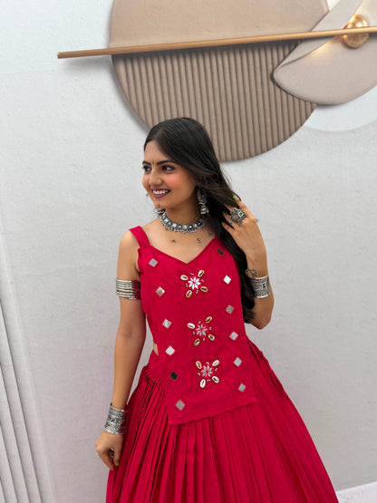 6 Meter Flair Rani Pink Plain Lehenga Choli With Mirror Work Jacket