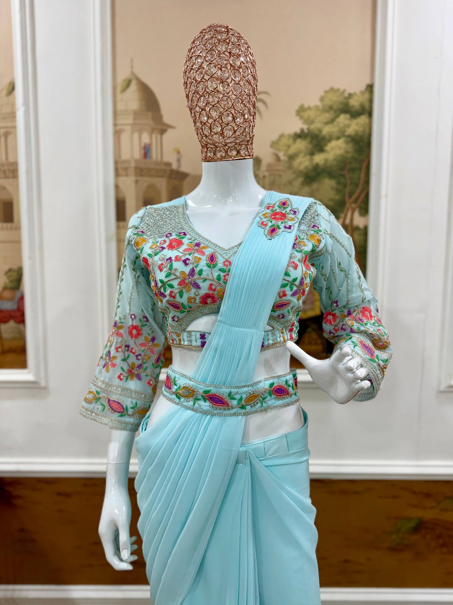 Draped Ready-To-Wear Light Blue Saree With Embroidered Floral Blouse