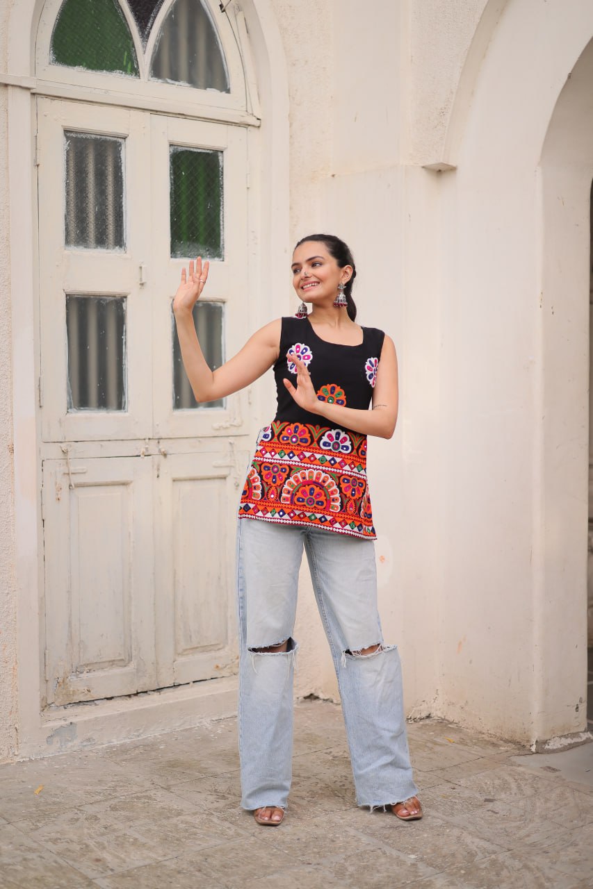 Black Sleeveless Gamthi Embroidered Top with Multicolor Mirror Work