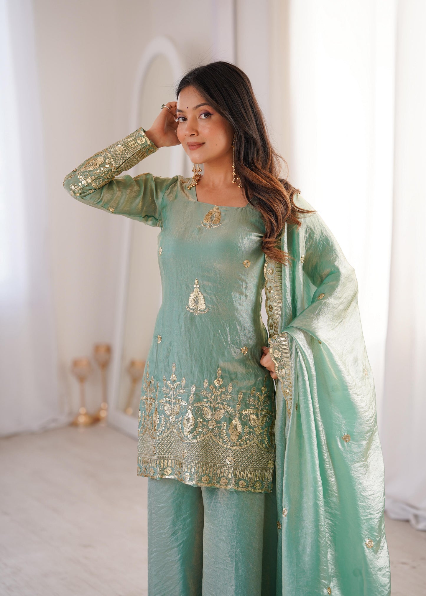 Heavy Gold Zari Embroidered Palazzo Suit Set With Dupatta