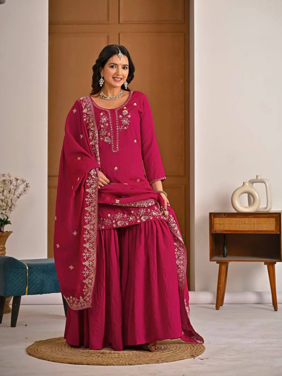 Rani Pink Zari And Sequins Embroidered Sharara Suit Set With Dupatta