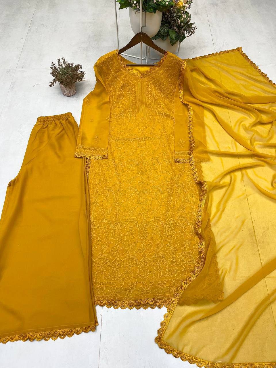 Mustard Yellow Chikankari Kurti With Lace Detail And Full Length Ethnic Wear