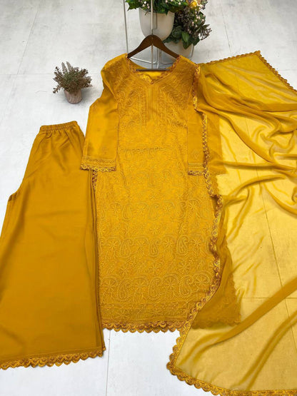 Mustard Yellow Chikankari Kurti With Lace Detail And Full Length Ethnic Wear