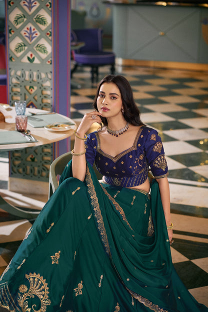 Bottle Green Embroidered Lehenga Choli with Contrast Blouse And Dupatta