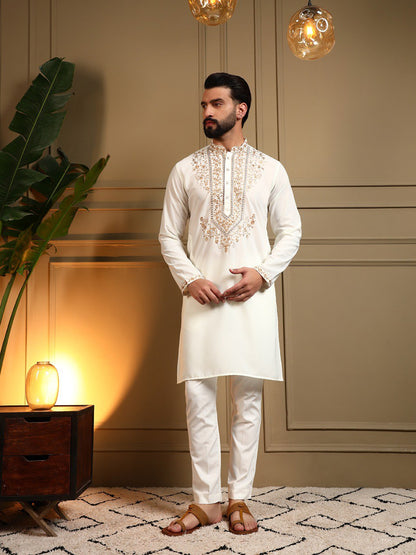 Classic Designer Embroidered Kurta Set For Men With White Pajama